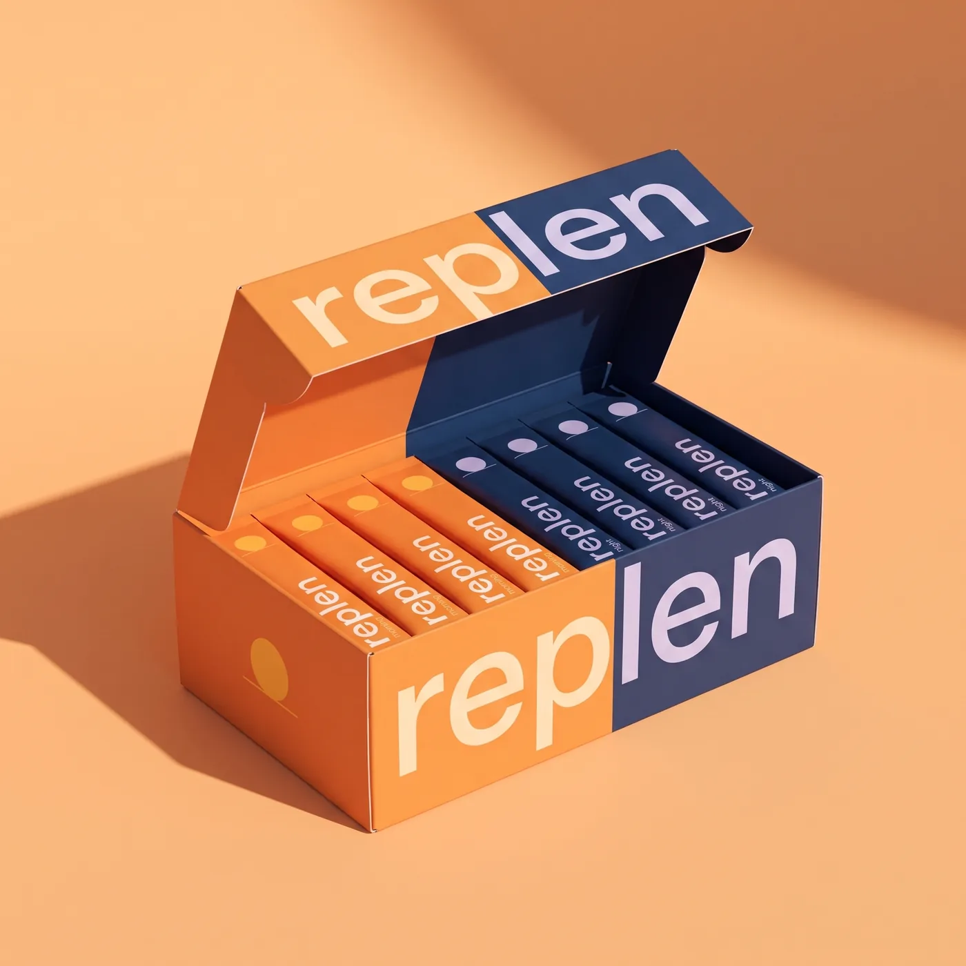 The open Replen box, half orange and half midnight blue, with rows of morning and night sticks inside