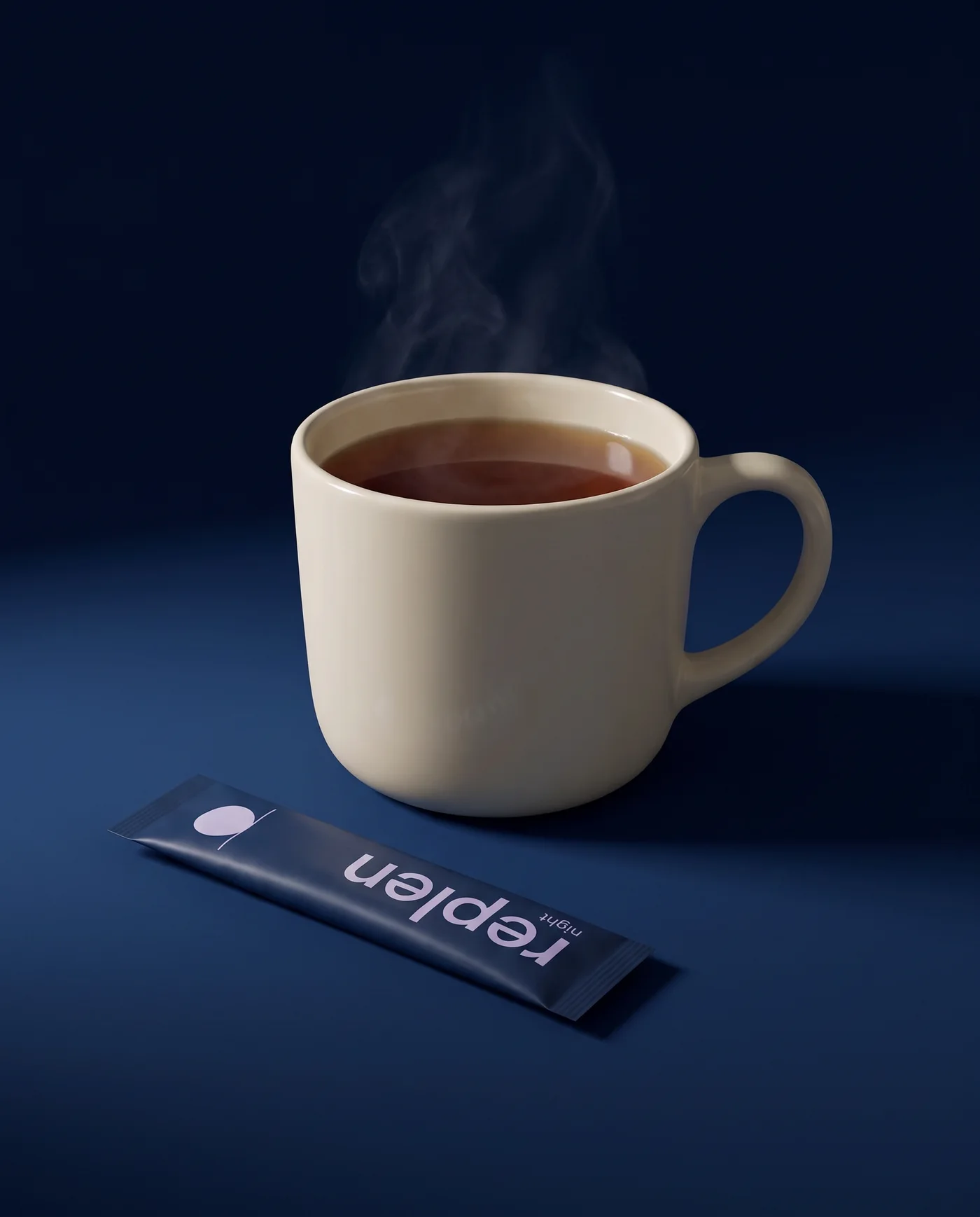 A ceramic mug of warm drink with a little steam and the midnight-blue night pack beside it
