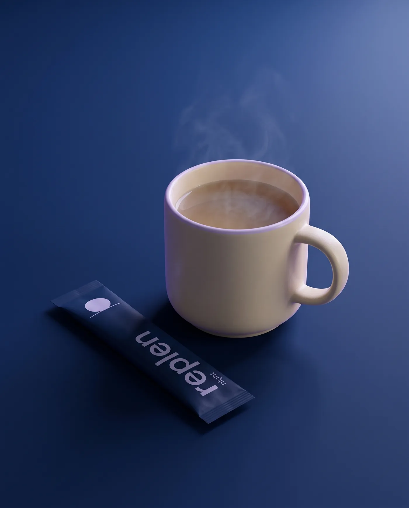 A ceramic mug of warm drink with a little steam and the midnight-blue night stick beside it