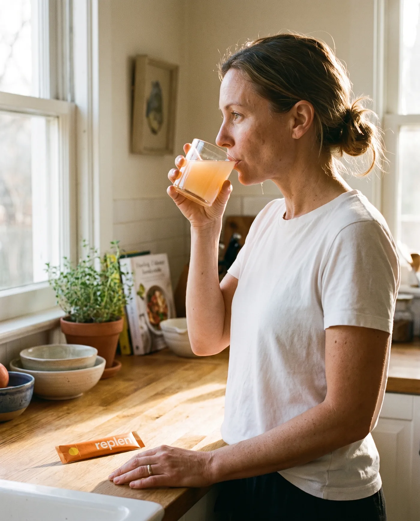 A woman at a bright kitchen counter taking a small sip from a short glass, the morning stick lying in front of her