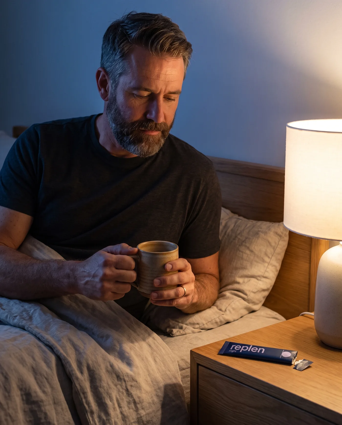 A man sitting on the edge of his bed in lamp light, holding a warm mug