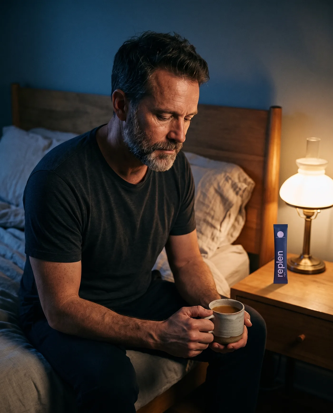 A man sitting on the edge of his bed in lamp light, holding a warm mug