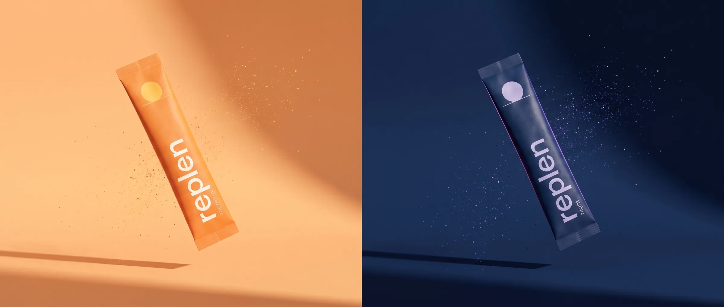 The morning stick floating in warm light and the night stick floating in moonlight, side by side